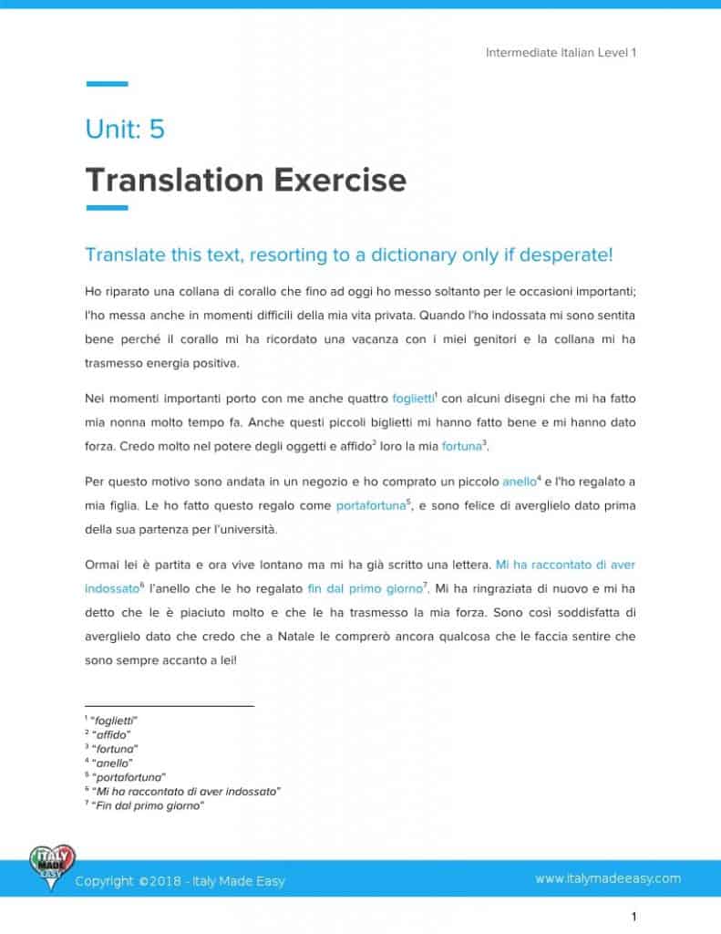 Intermediate Italian Level 1 14 Translation Exercises Example Intermediate 1